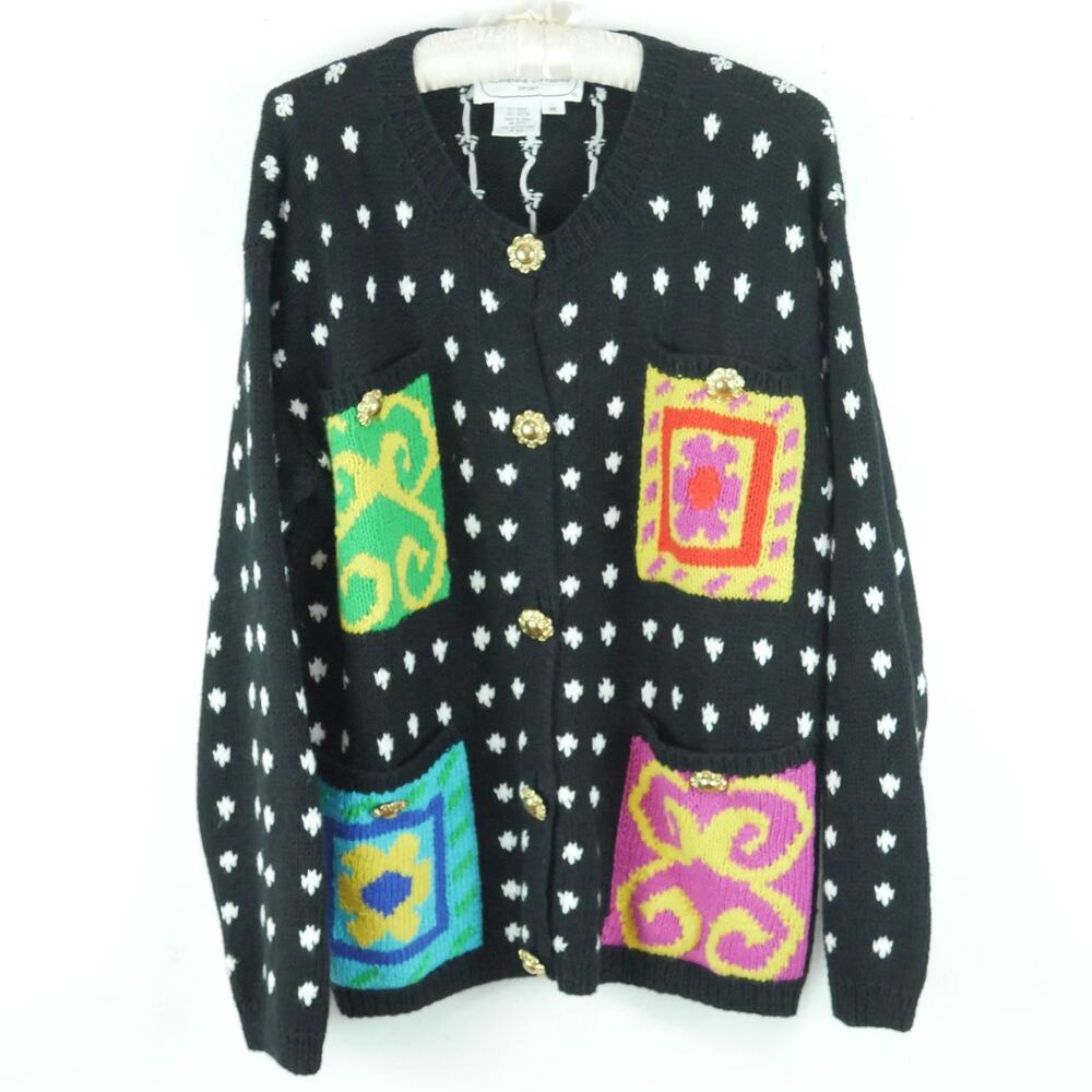 Vintage Medium Cardigan‎ Polka Dot Statement Multicolor Floral 90s Novelty Rave